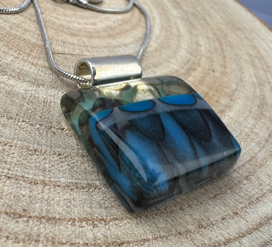 Beautiful Handmade Blue Seascape Inspired Glass Fused Pendant 