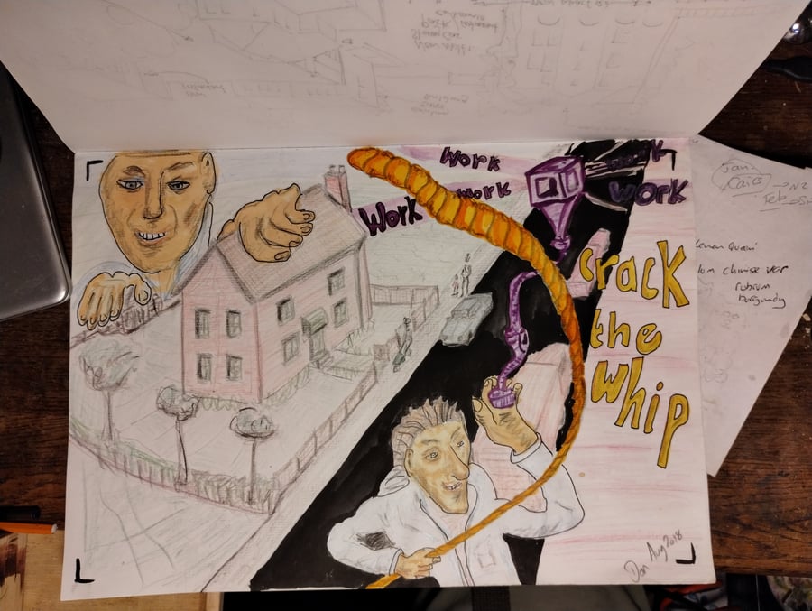 doodle entitled "work crack the whip"
