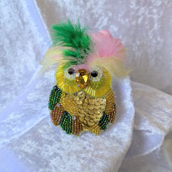 Feathered and Beaded Owl brooch