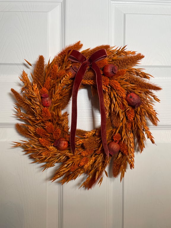 Handmade Autumn Dried Grain & Poppy Head Wreath (30cm) – Rust Harvest Decor