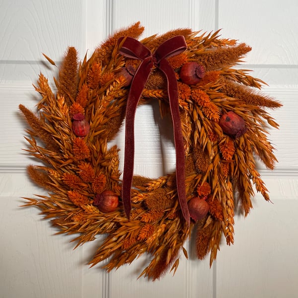 Handmade Autumn Dried Grain & Poppy Head Wreath (30cm) – Rust Harvest Decor