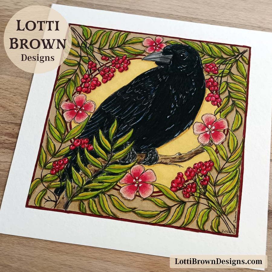 Raven Art Print (8x8") - Hand-Drawn British Bird Illustration