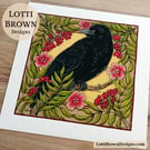 Raven Art Print (8x8") - Hand-Drawn British Bird Illustration