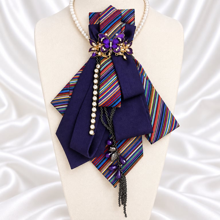 Purple Butterfly Upcycled Necktie Statement Necklace