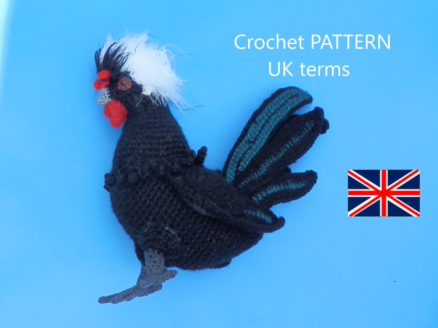 Polish Crested Cockerel in UK terms.Crochet DIGITAL PATTERN 