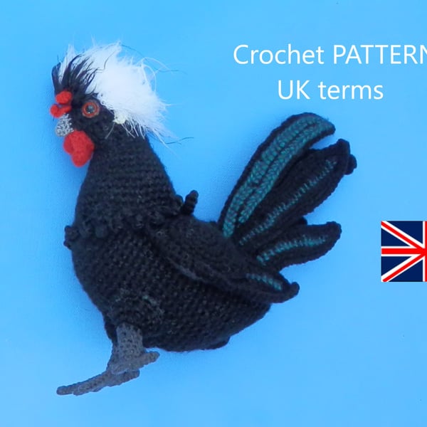 Polish Crested Cockerel in UK terms.Crochet DIGITAL PATTERN 