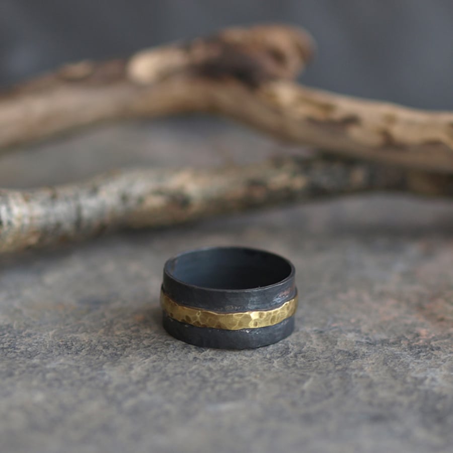 Men's Handmade Oxidized Copper Ring with Brass Band - men's jewellery