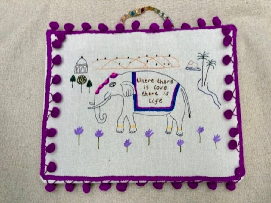 Wise elephant Mahatma Gandhi quote hand embroidered picture.