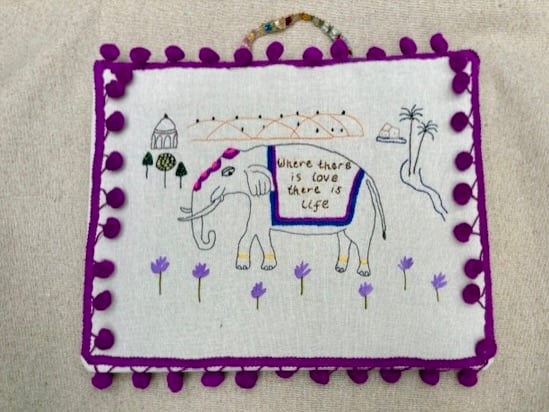 Wise elephant Mahatma Gandhi quote hand embroidered picture.
