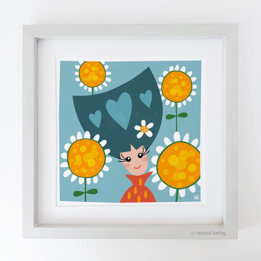 Walking Through Daisies, woman with flowers illustration, original Giclee print