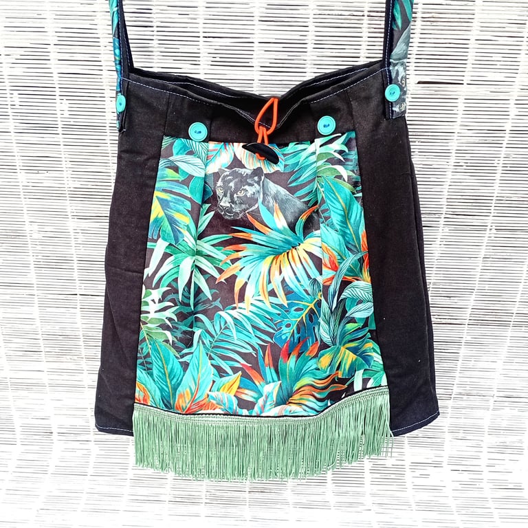 Colourful Fun Shoulder or Cross Body Bag, Panther in Jungle Fabric 