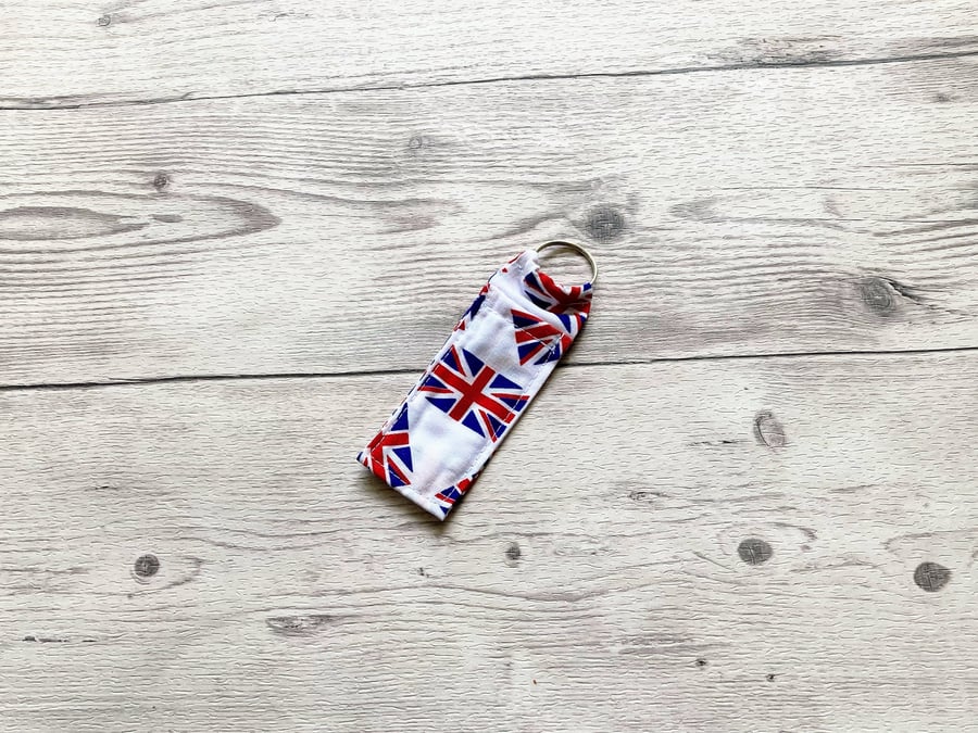 Great Britain, Union Jack themed fabric lip balm keyring.
