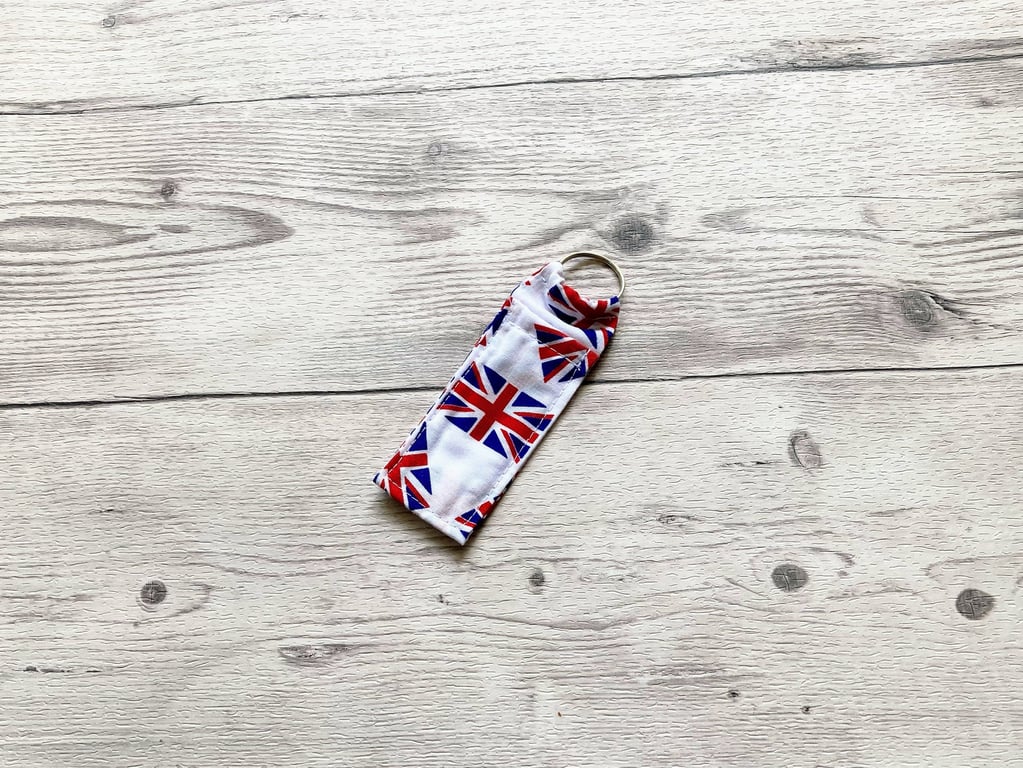 Great Britain, Union Jack themed fabric lip balm keyring.