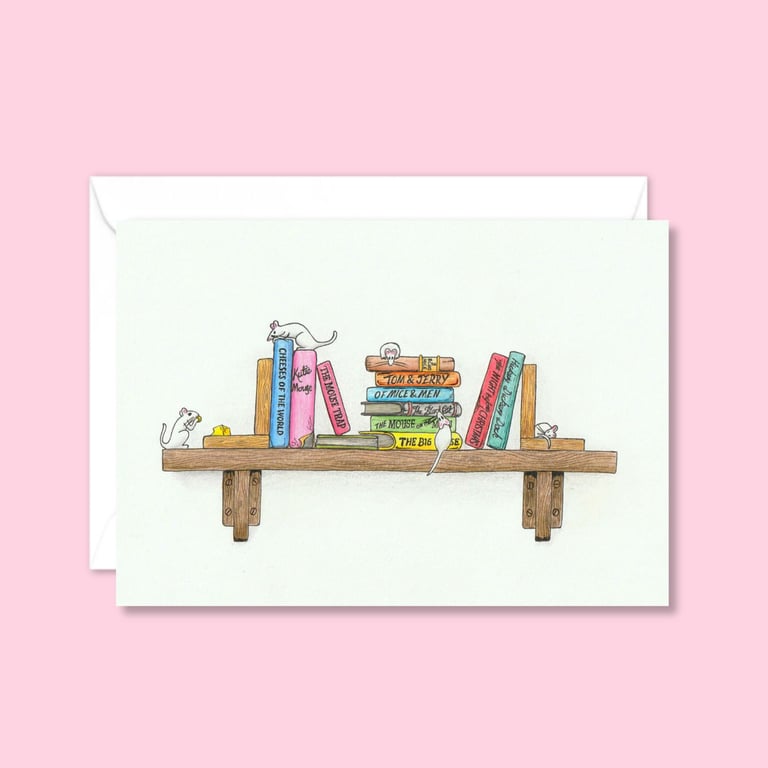 Cute Mice Greeting Card: Cute Mice on a Book Shelf Birthday Card (205)