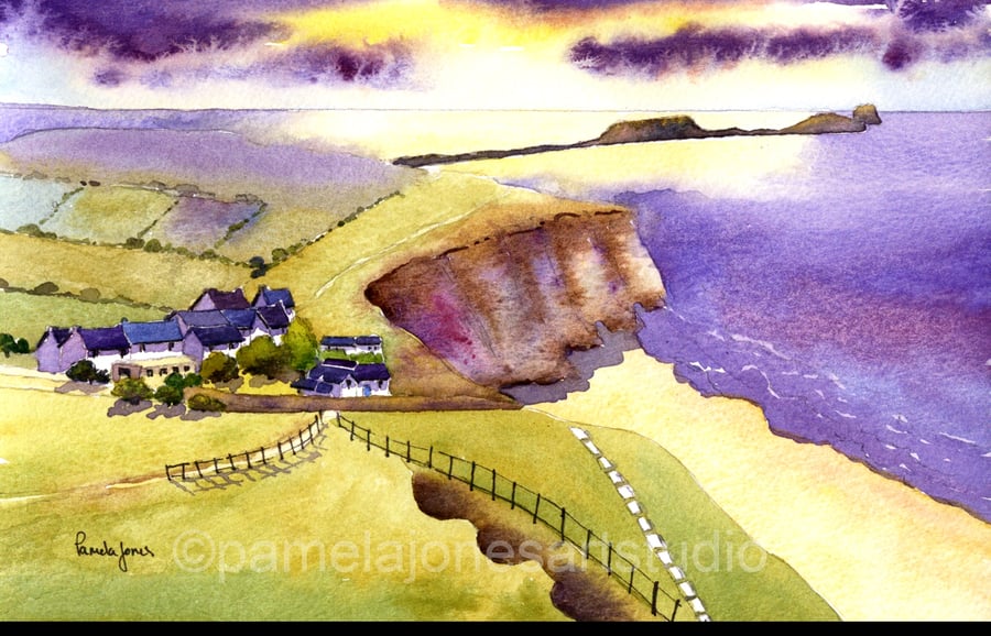 Watercolour Print :: Sunset, Rhossili Bay, Gower, in 14 x 11'' Mount.