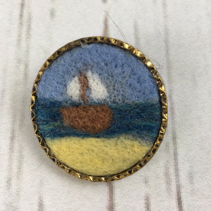 Seconds Sunday - Brooch, badge or lapel pin, needle felted sailing boat