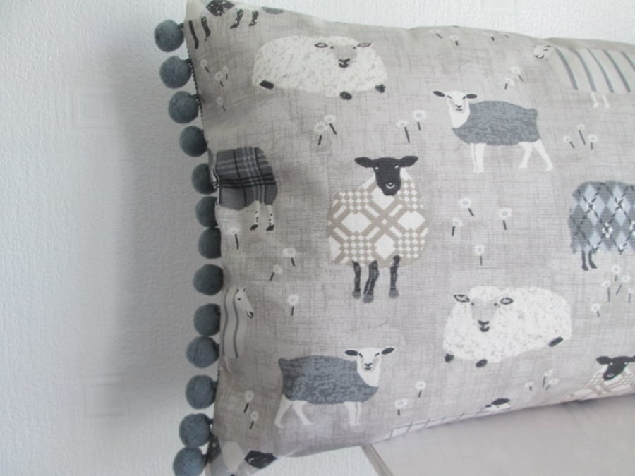 Grey Sheep Cushion with Grey Pom poms