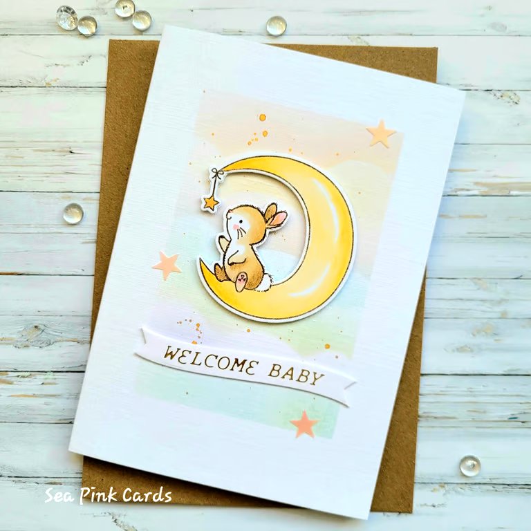 New Baby Card Bunny - moon, stars, welcome baby, handcrafted card