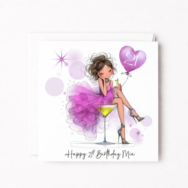 Personalised 21st Birthday Card for Her, Pink Cocktail Glass Birthday, Custom