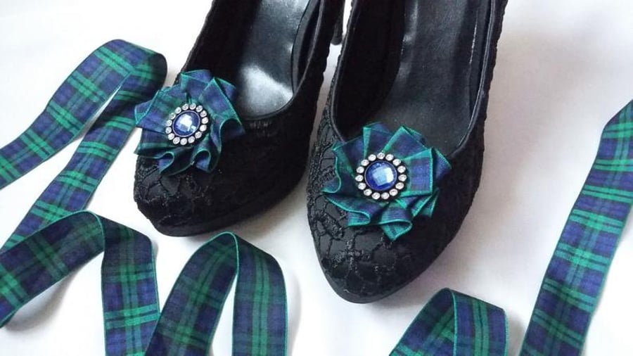 Black Watch Tartan & Crystal Ribbon Ruffle Shoe Clips