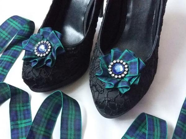 Black Watch Tartan & Crystal Ribbon Ruffle Shoe Clips