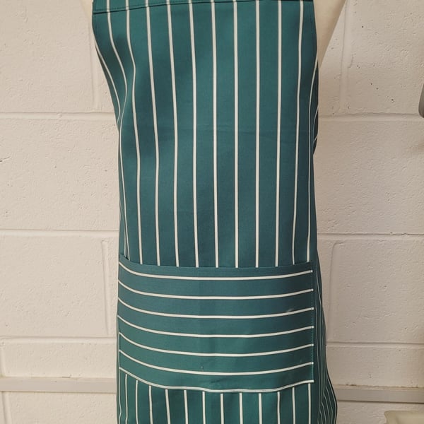 Medium Green cotton butchers stripe apron. Made in England