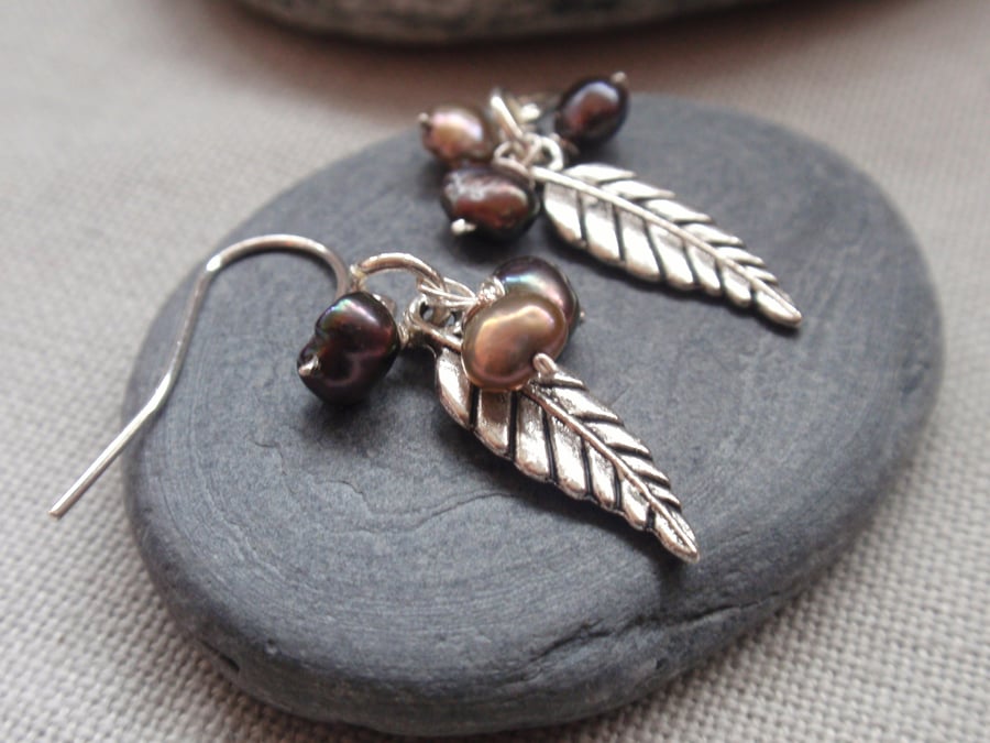 Feather Earrings with neutral brown and grey freshwater pearls