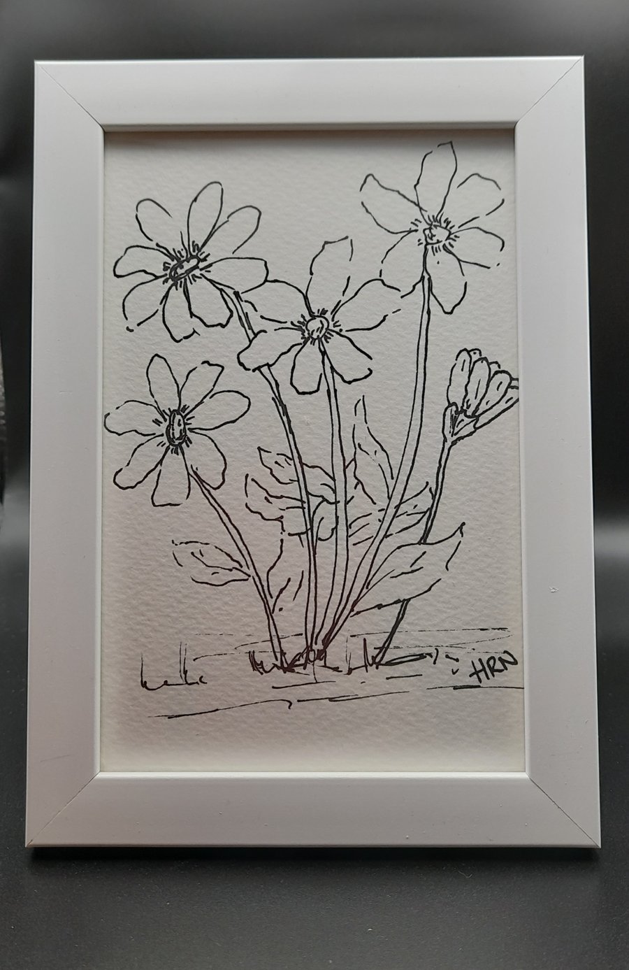 Original fine point pen drawing in white frame, free postage