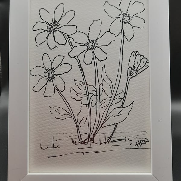 Original fine point pen drawing in white frame, free postage