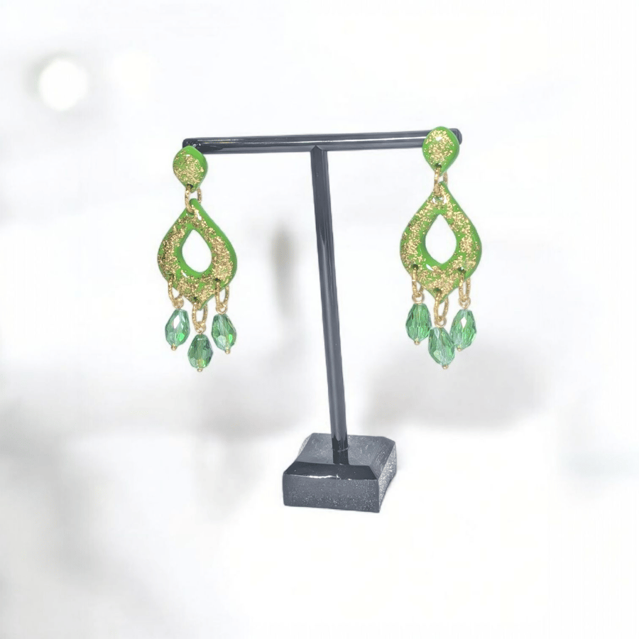 Green and gold dangle handmade polymer clay Earring with crystal beads