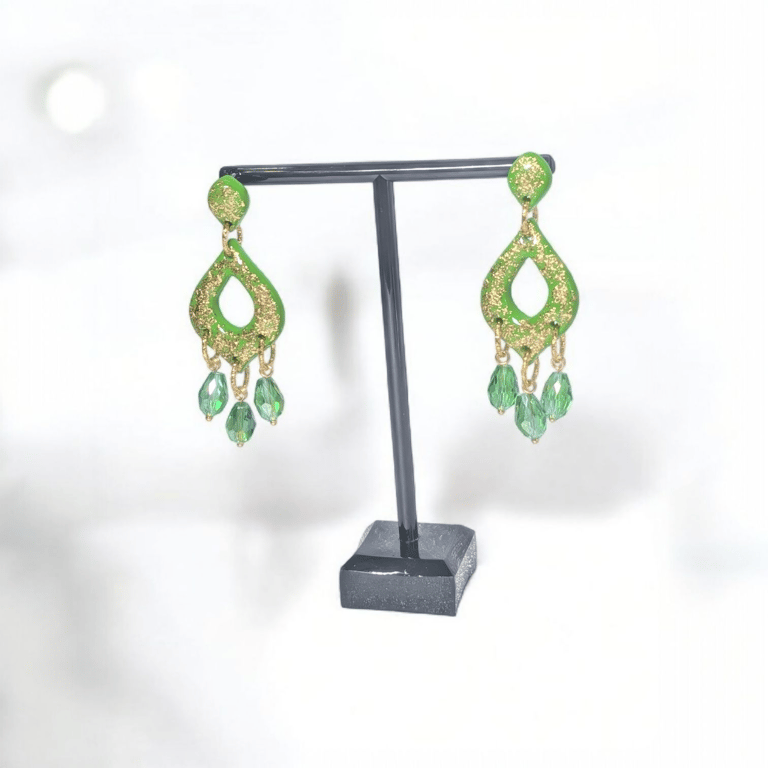 Green and gold dangle handmade polymer clay Earring with crystal beads