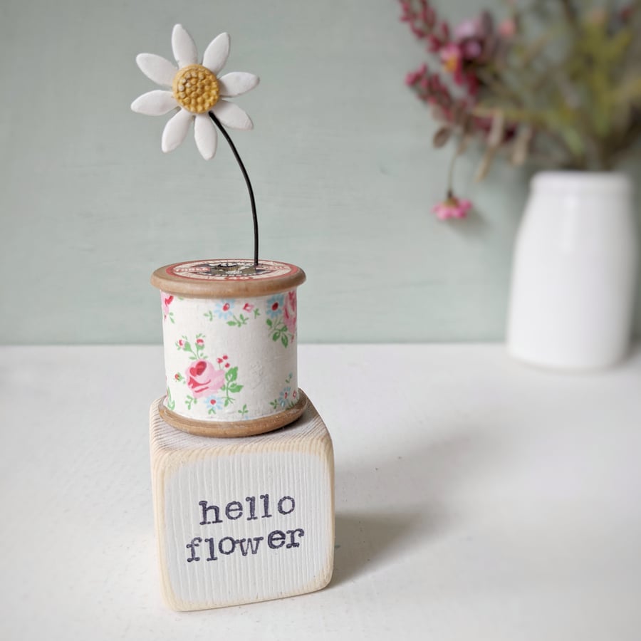 Clay Flower on a Vintage Wooden Bobbin 'hello flower'