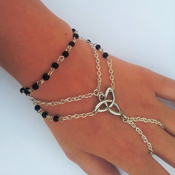 Silver Plate Gothic Black Celtic Knot Triquetra Hand Chain Slave Bracelet