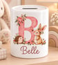 Personalised Pink Floral Woodland Monogram Money Box – Baby Girl & Birthday Gift