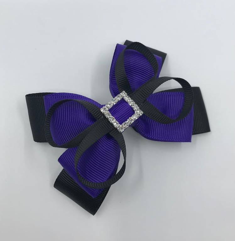 Black and Purple Double Layer Bow with Black Loops on Clip