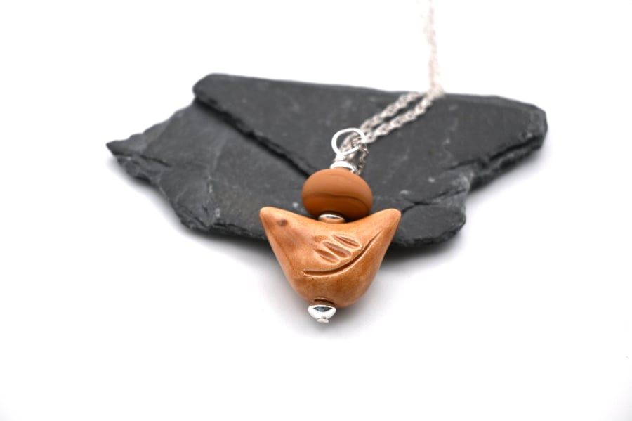 red brown ceramic bird pendant necklace