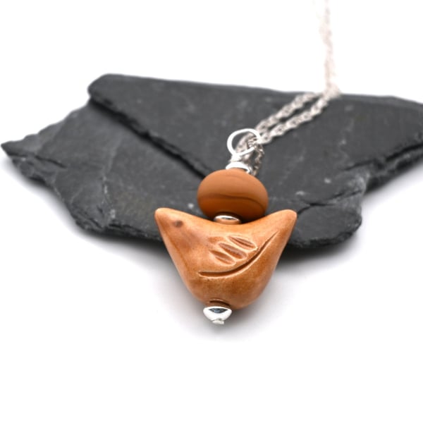 red brown ceramic bird pendant necklace