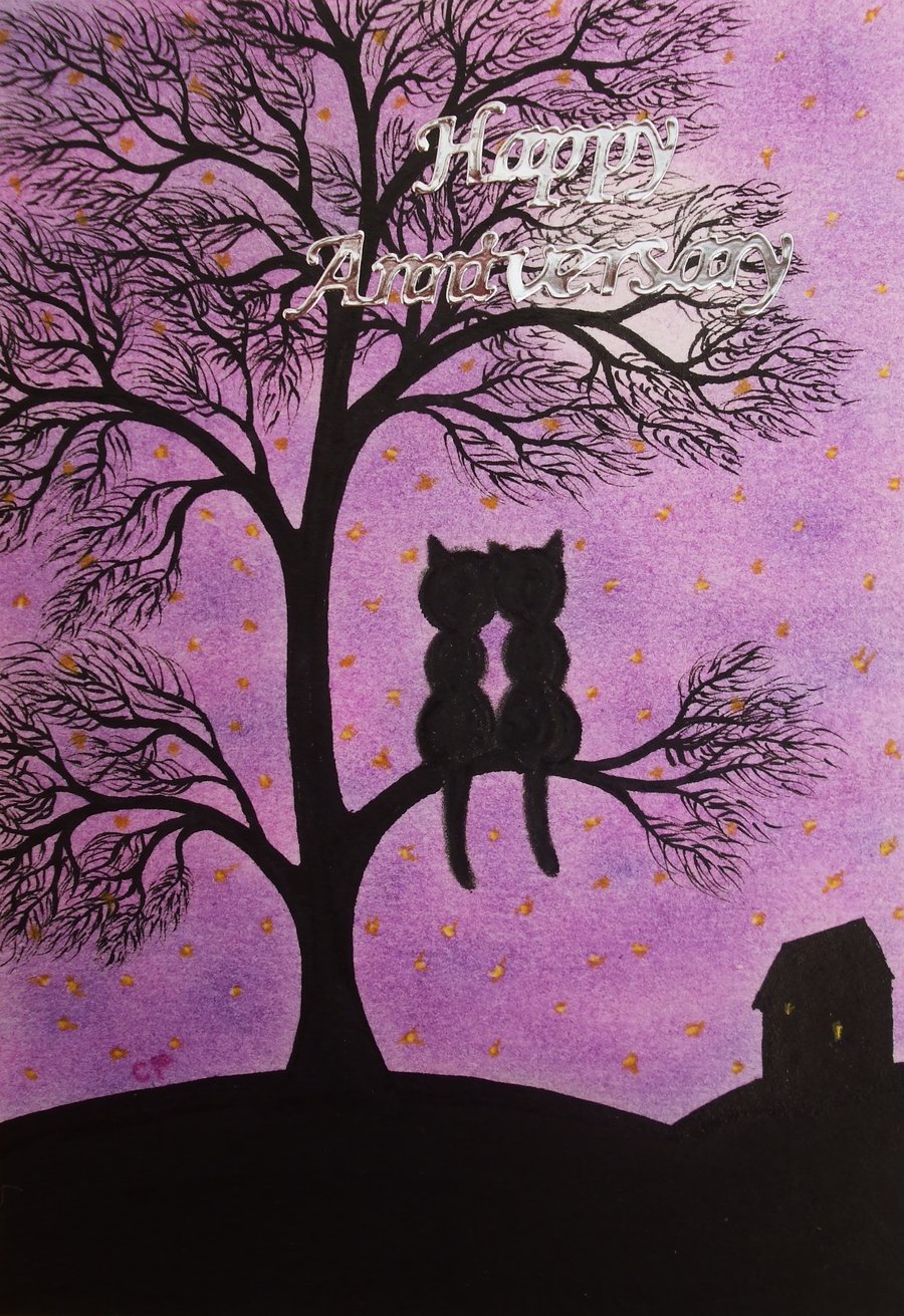 Anniversary Cat Card, Black Cat Tree Card, Romantic Anniversary Card, Cat Moon