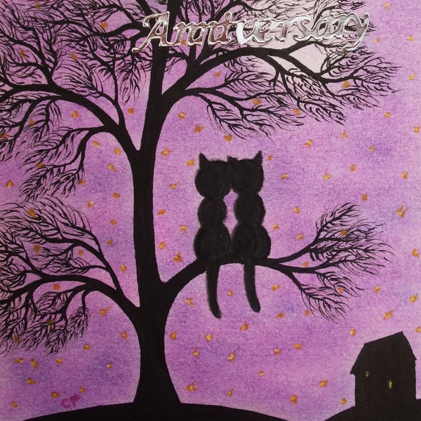 Anniversary Cat Card, Black Cat Tree Card, Romantic Anniversary Card, Cat Moon