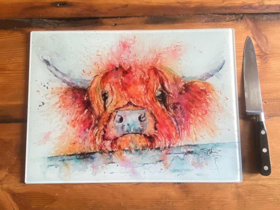 Highland Cow, Dougal. Glass Chopping Board, Kitchen Worktop Saver. From a Waterc
