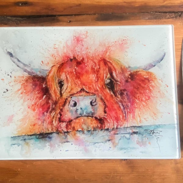 Highland Cow, Dougal. Glass Chopping Board, Kitchen Worktop Saver. From a Waterc