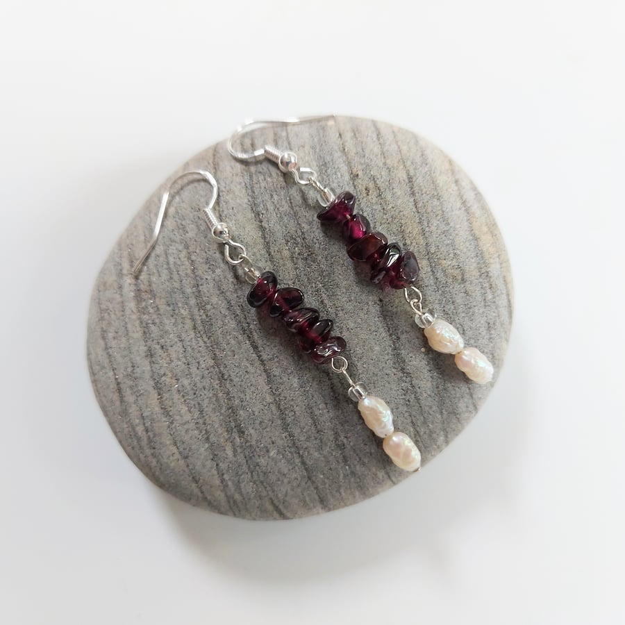 Gemstone Drop earrings: Freshwater Pearl and Garnet with Sterling Silver