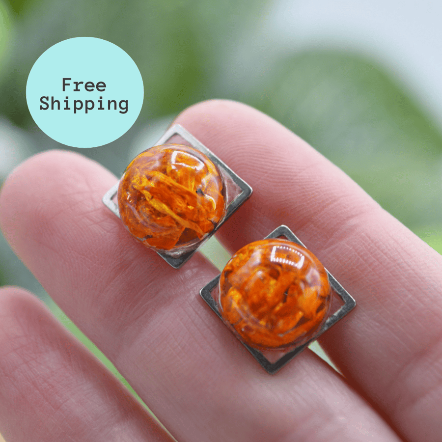 Orange Marigold Petal Square Resin Stud Earrings - Free Postage