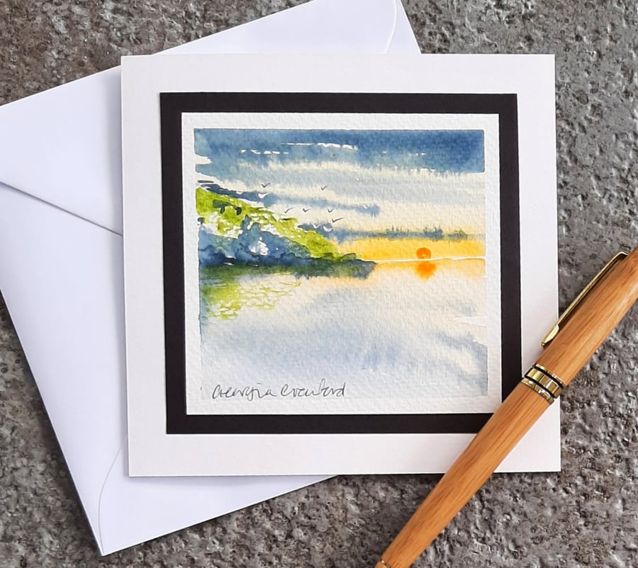 Clifftop Sunset. Blank Handpainted Gift Greetings Card Of The Ocean