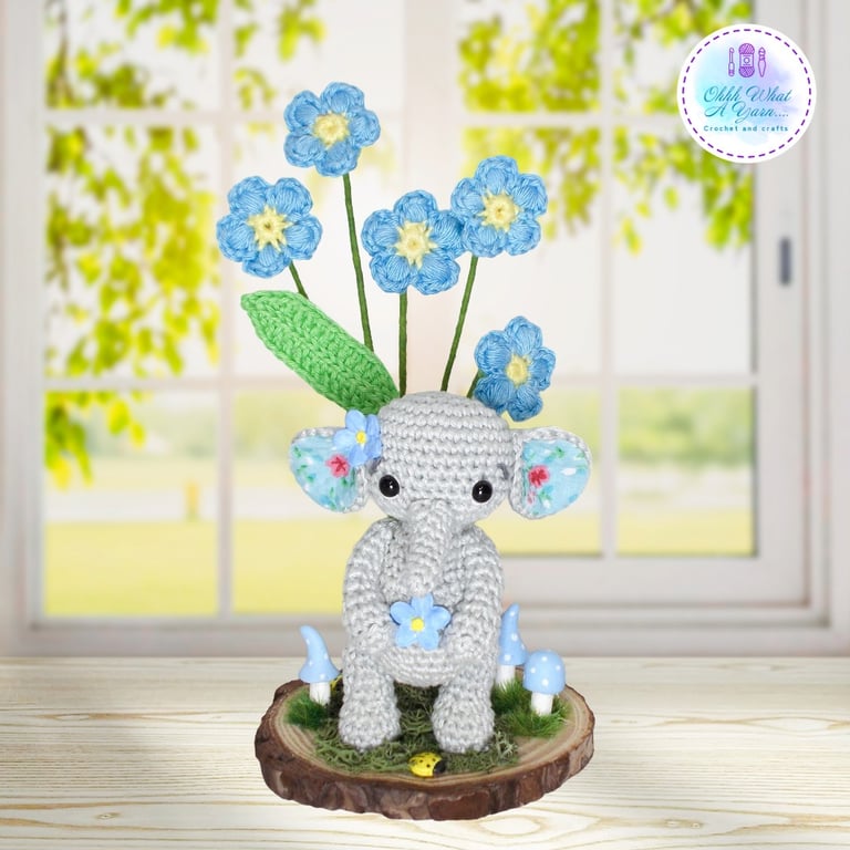 Crochet forget me not elephant sculpture. Elephant ornament.  Elephant gift.