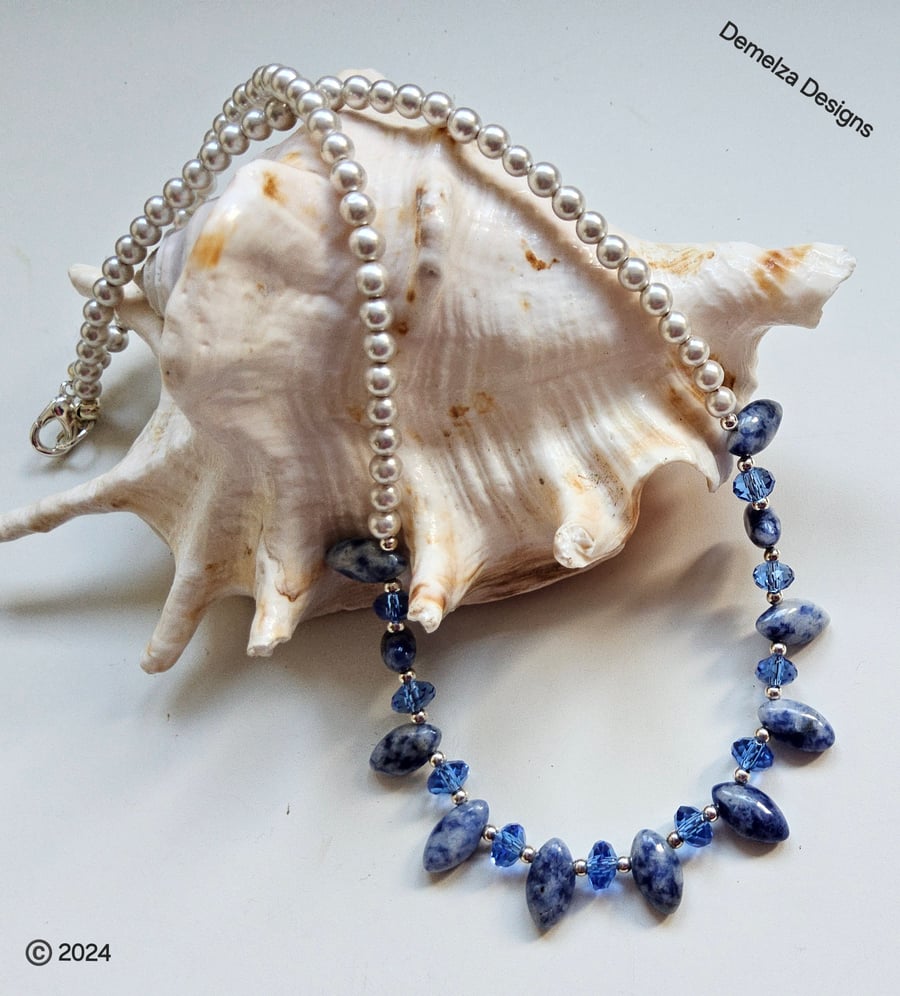 Sodalite & Cream Shell Pearl, Blue Crystal Silver Plated Necklace
