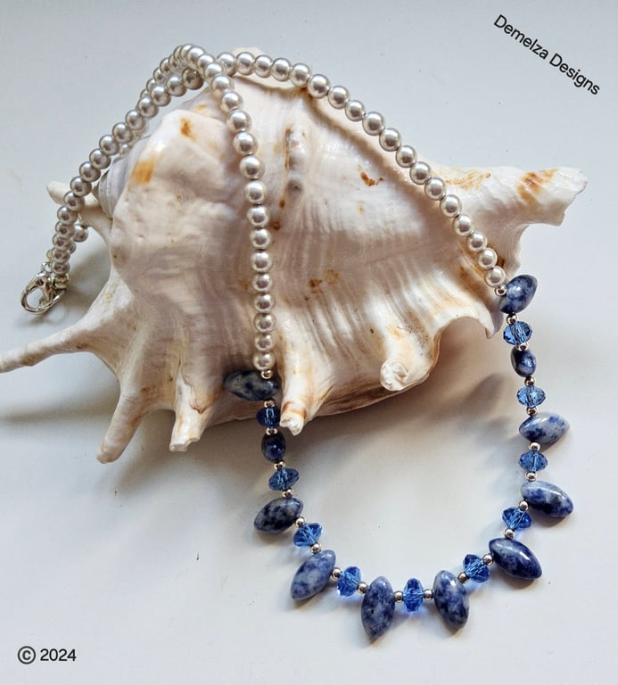 Sodalite & Cream Shell Pearl, Blue Crystal Silver Plated Necklace