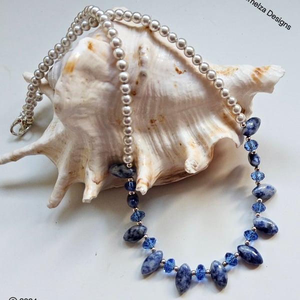 Sodalite & Cream Shell Pearl Silver Plated Necklace