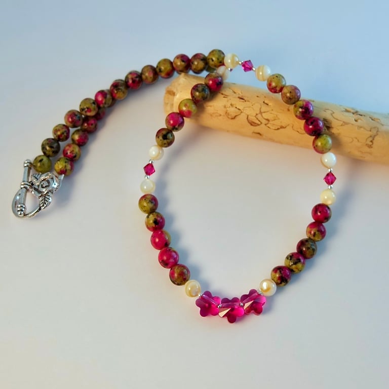 Ruby In Zoisite, Crystal & Shell Necklace, Birthday, Anniversary, Gifts For Her