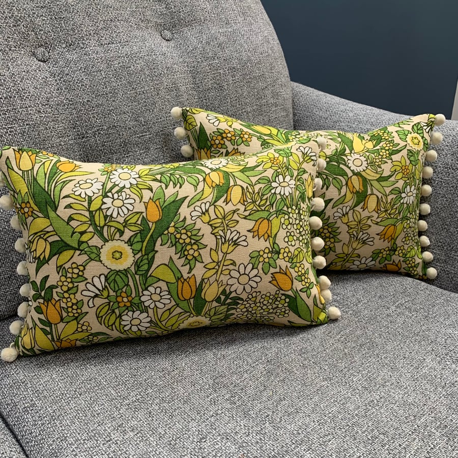 Vintage Flower Waltz cushion cover with pompoms 